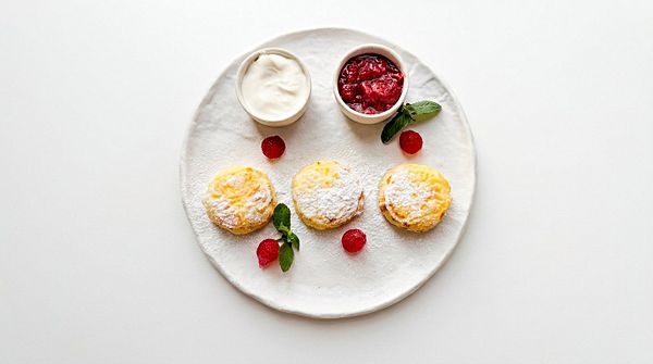 Сырники с клубничным джемом и сметаной