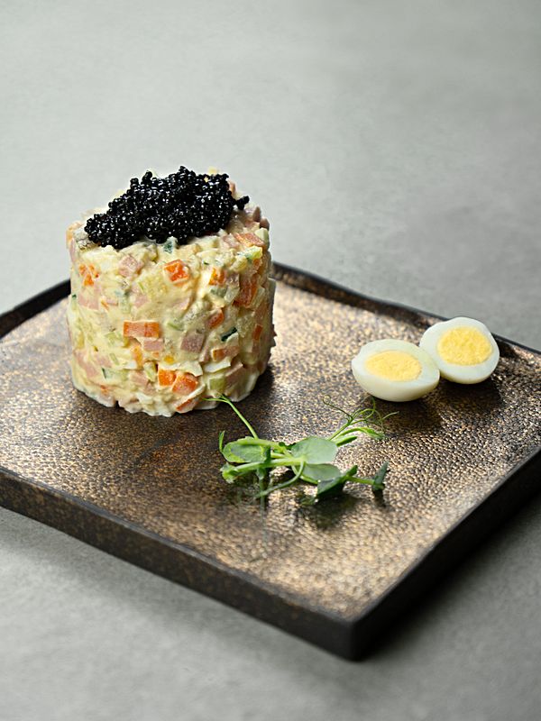 Оливье с мортаделлой и икрой палтуса