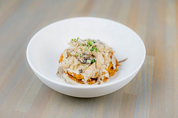 Драники с куриным бедром и жареными грибами