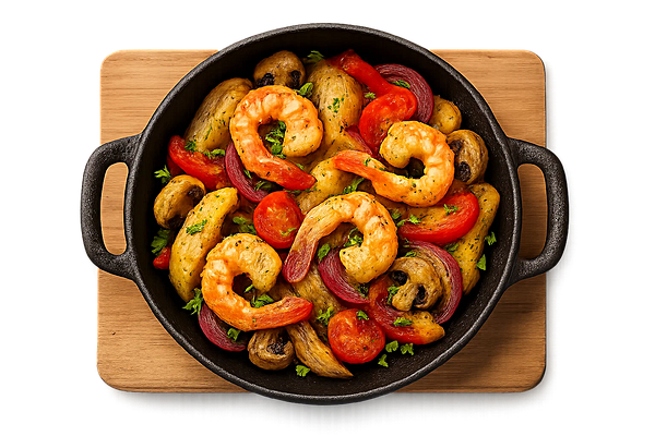 Картофельная сковородка с креветкой