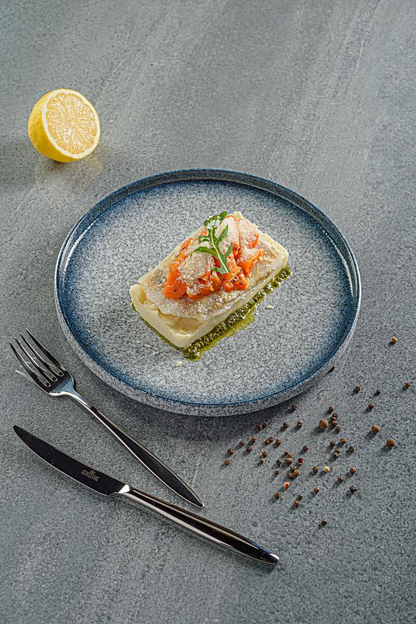 Судак сувид с картофельным пюре и тыквой