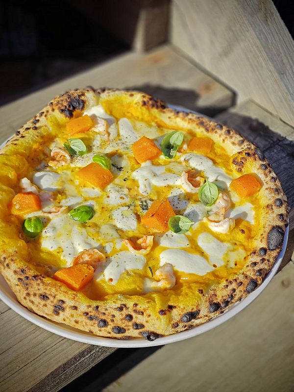 Креветка, печеная тыква, песто