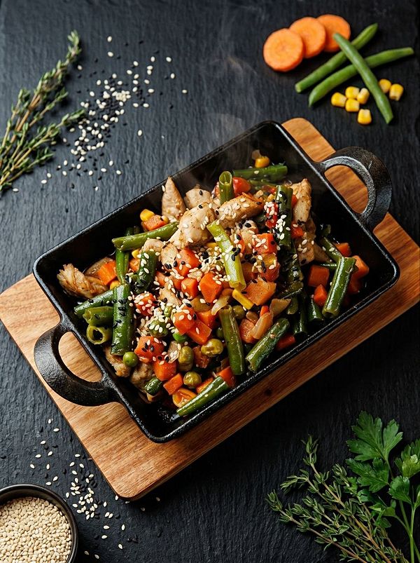 Горячая сковорода с куриной грудкой и миксом овощей