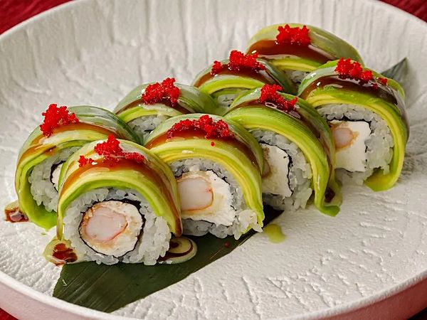 Ролл в авокадо с креветкой темпура и соусом васаби