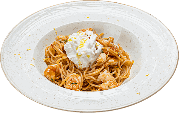 Спагетти с креветками, страчателлой и цедрой лимона