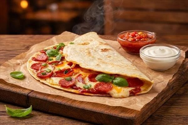 Омлет с охотничьими колбасками в тортилье