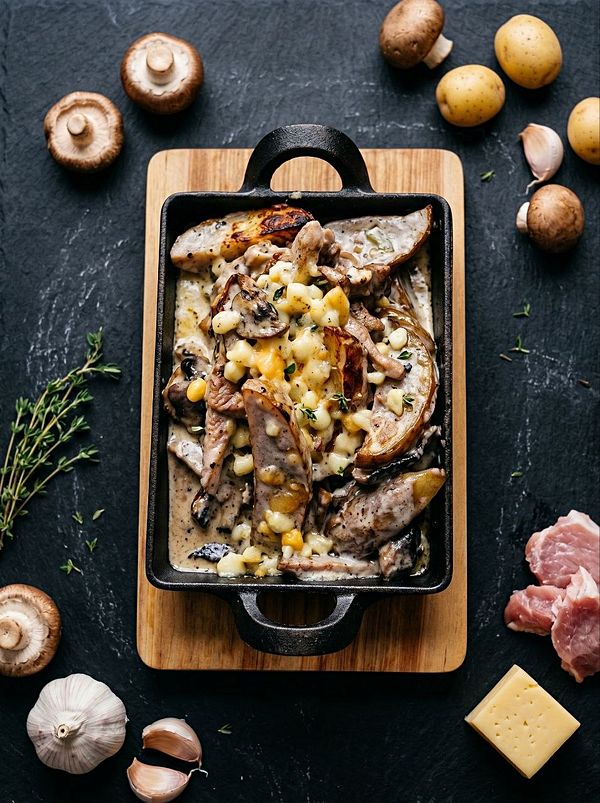 Горячая сковорода со свининой, грибами, сливками и сыром