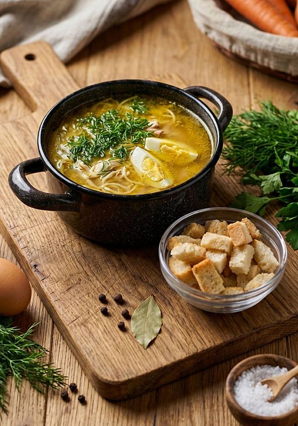 Бульон с куриной грудкой, лапшой и яйцом