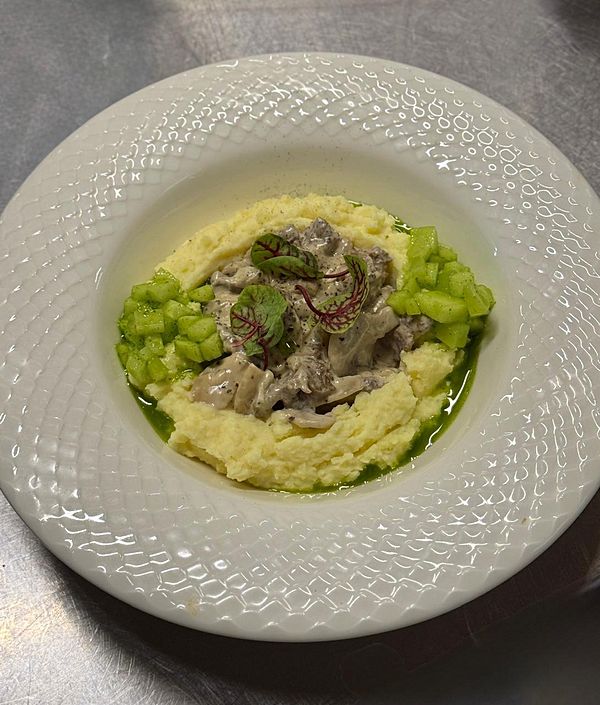 Строганов из говядины в сливочно-грибном соусе с картофельным пюре