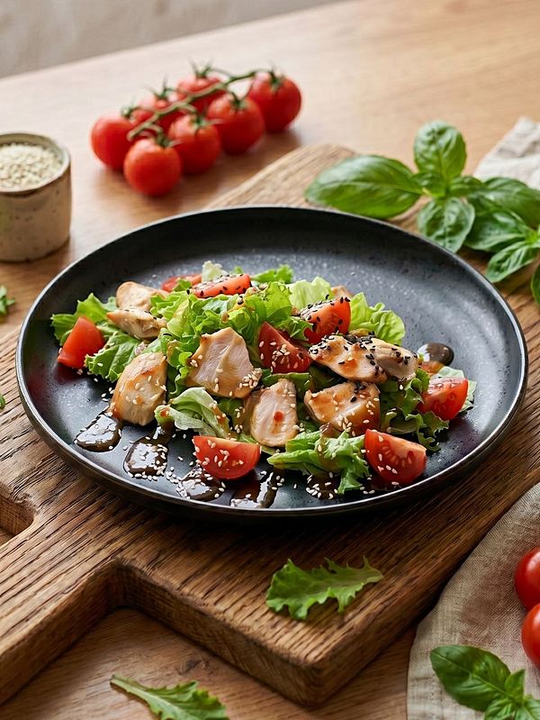 Теплый салат с куриной грудкой, овощами и тайским соусом