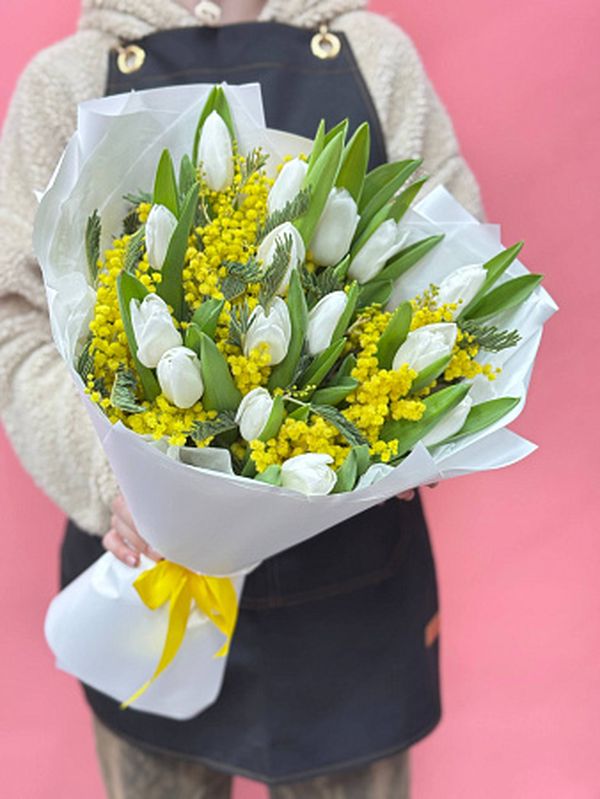 15 белых тюльпанов с мимозой в оформление