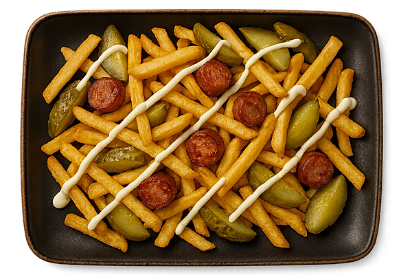 Фри с колбасками и огурчиками
