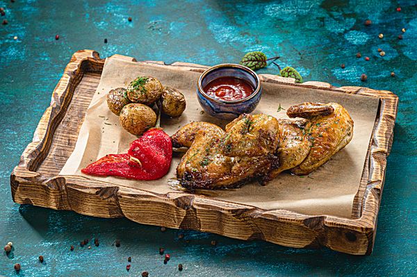 Цыплёнок с картофелем, маринованным перцем и соусом BBQ