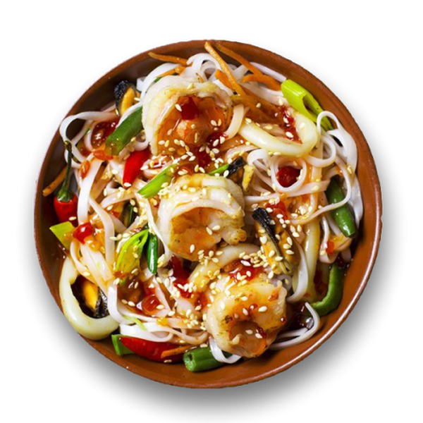 Морепродукты с рисовой лапшой и овощами